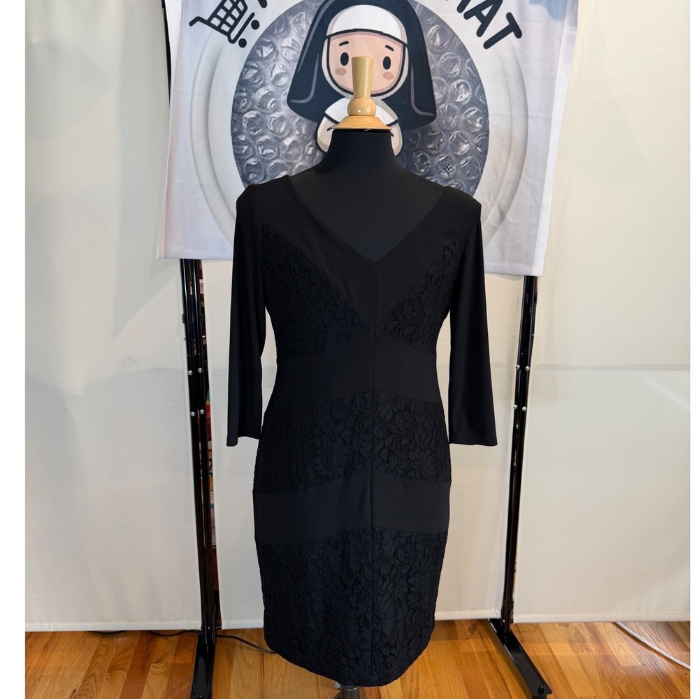 Lauren Ralph Lauren Black Lace Panel Sheath Dress 3/4 Sleeve V-Neck Size 14